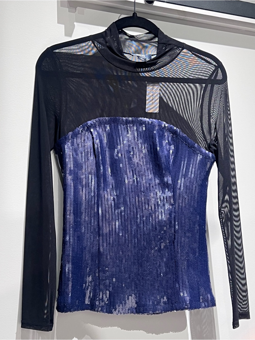 Anthropologie Black Mesh Long-Sleeve Top with Navy Sequin Bustier